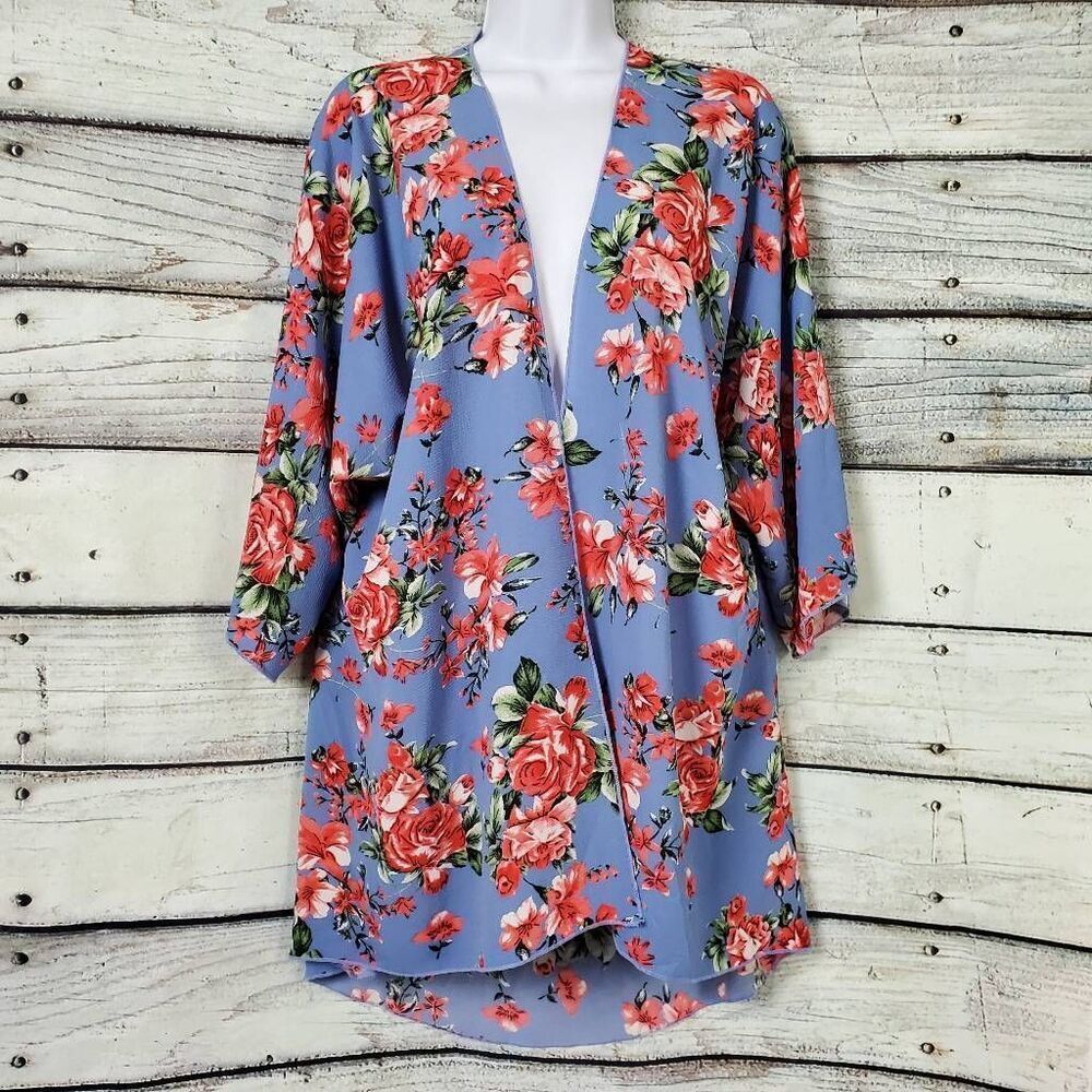 LJ USA Small Blue Floral Open Kimono Cardigan Lightweight